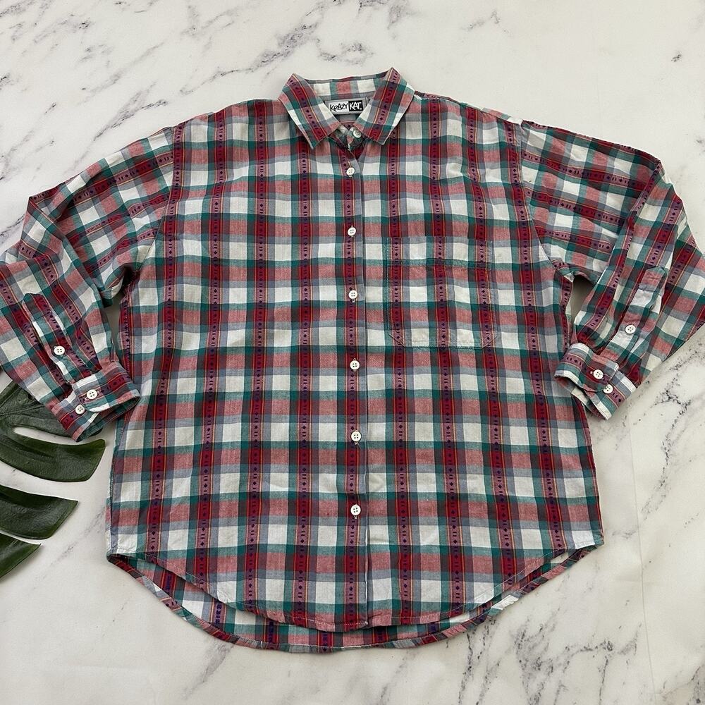 Krazy Kat Womens Vintage Plaid Shirt Size M Red Green Cotton Button Up Country